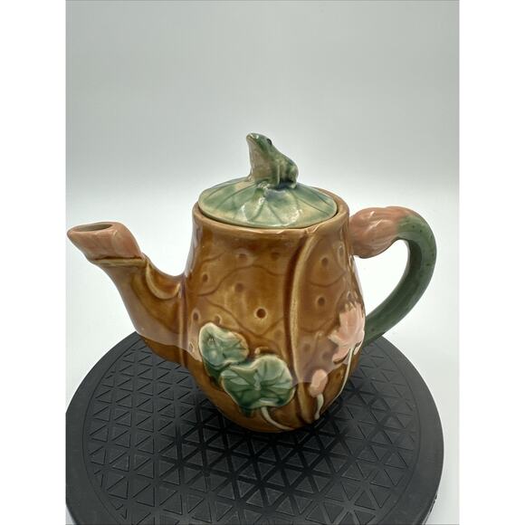 Studio Art Pottery Frog Brown Teapot Pink/Green EUC - Picture 1 of 9